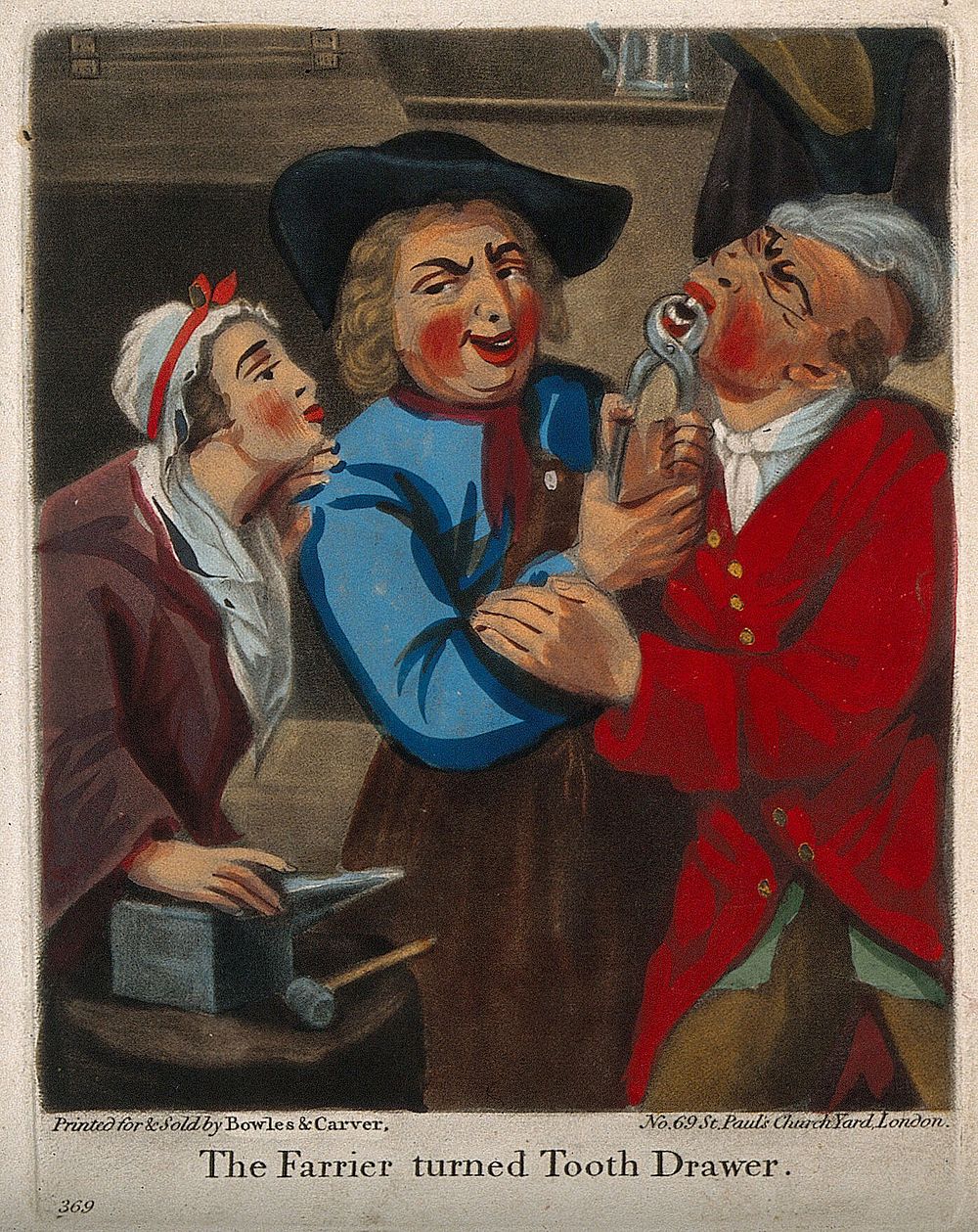 A rustic farrier turned tooth-drawer extracting a tooth from a standing man, a woman looks on. Coloured mezzotint after J.…