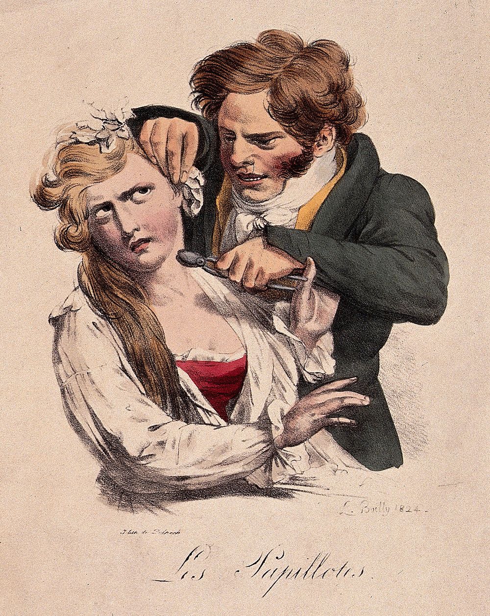 A man is piercing a girl's ear for an earring. Coloured lithograph after L. Boilly.