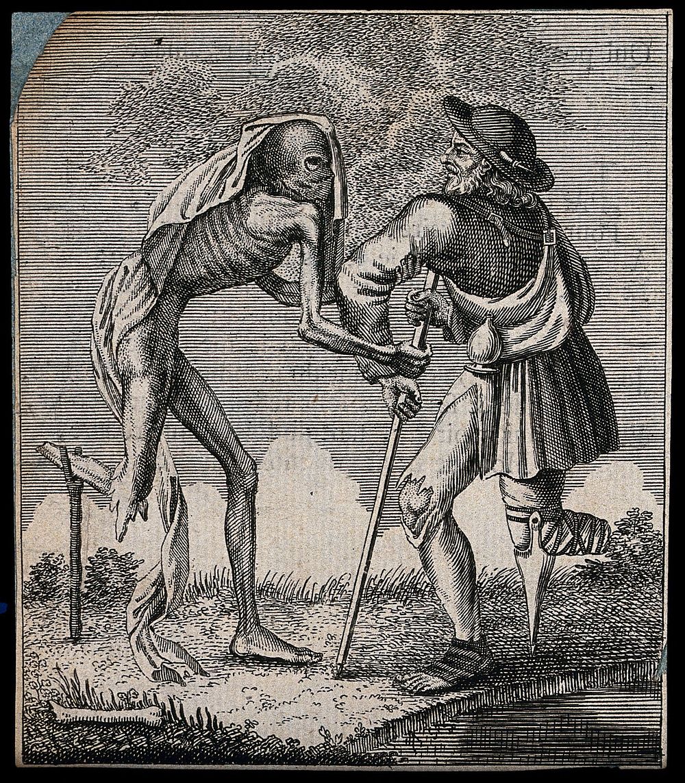 The dance of death: death, who has only one foot, and a lame man who also has only one foot. Etching attributed to J.-A.…