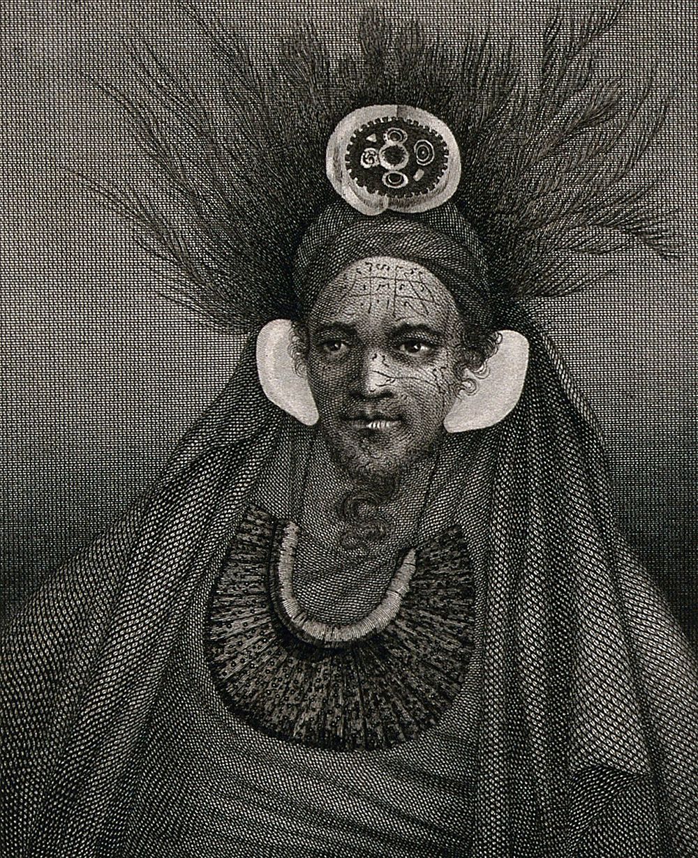 The ruler of Tahuata, Polynesia, encountered by Captain Cook on his second voyage. Engraving by J. Hall, 1777, after W.…