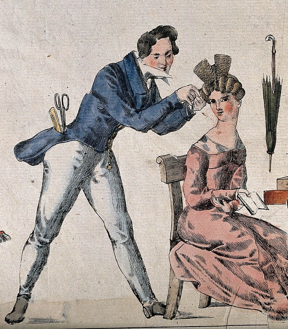 A man dresses a woman's hair. Coloured engraving.