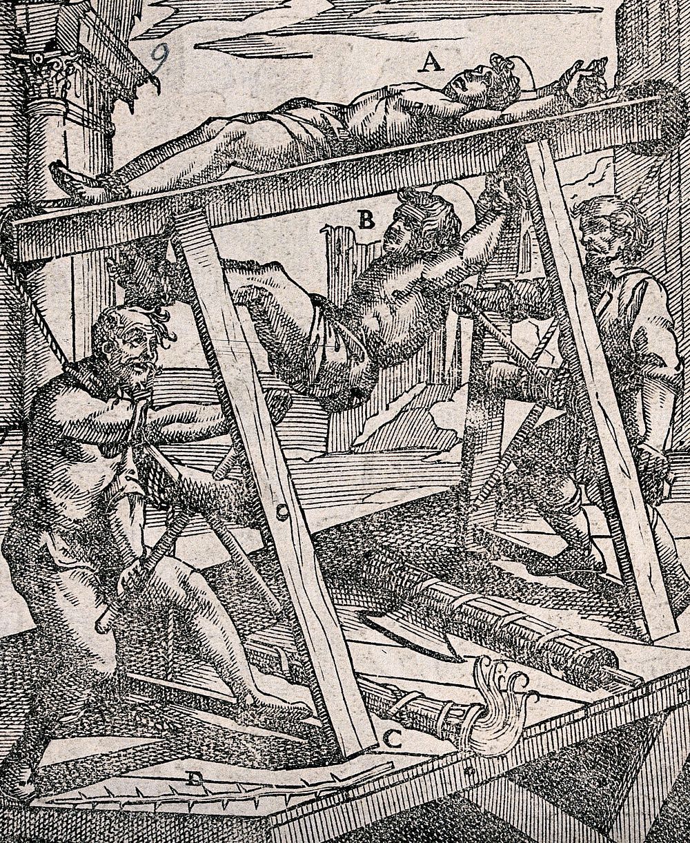 Two victims are simultaneously tortured on the rack. Woodcut.