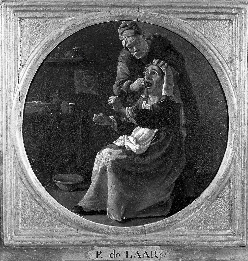 A man performing a painful operation on a woman's tooth. Oil painting by Pieter van Laer, 16--.