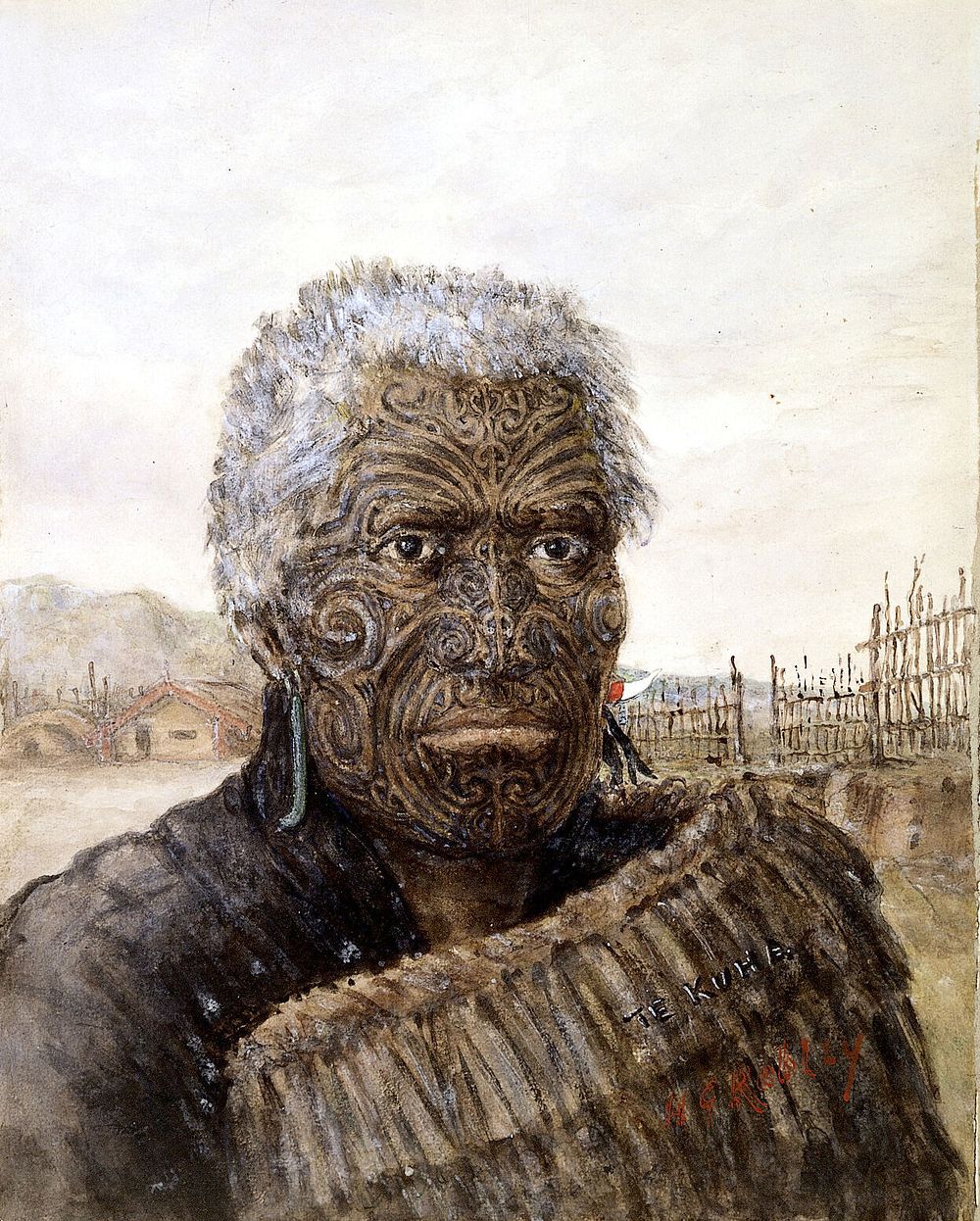 Te Kuha: a carver and warrior. Watercolour by H.G. Robley.