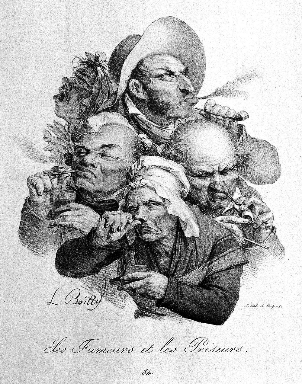 A group of five heads; three men smoking tobacco and two women taking snuff. Coloured lithograph by F-S. Delpech, c. 1825…