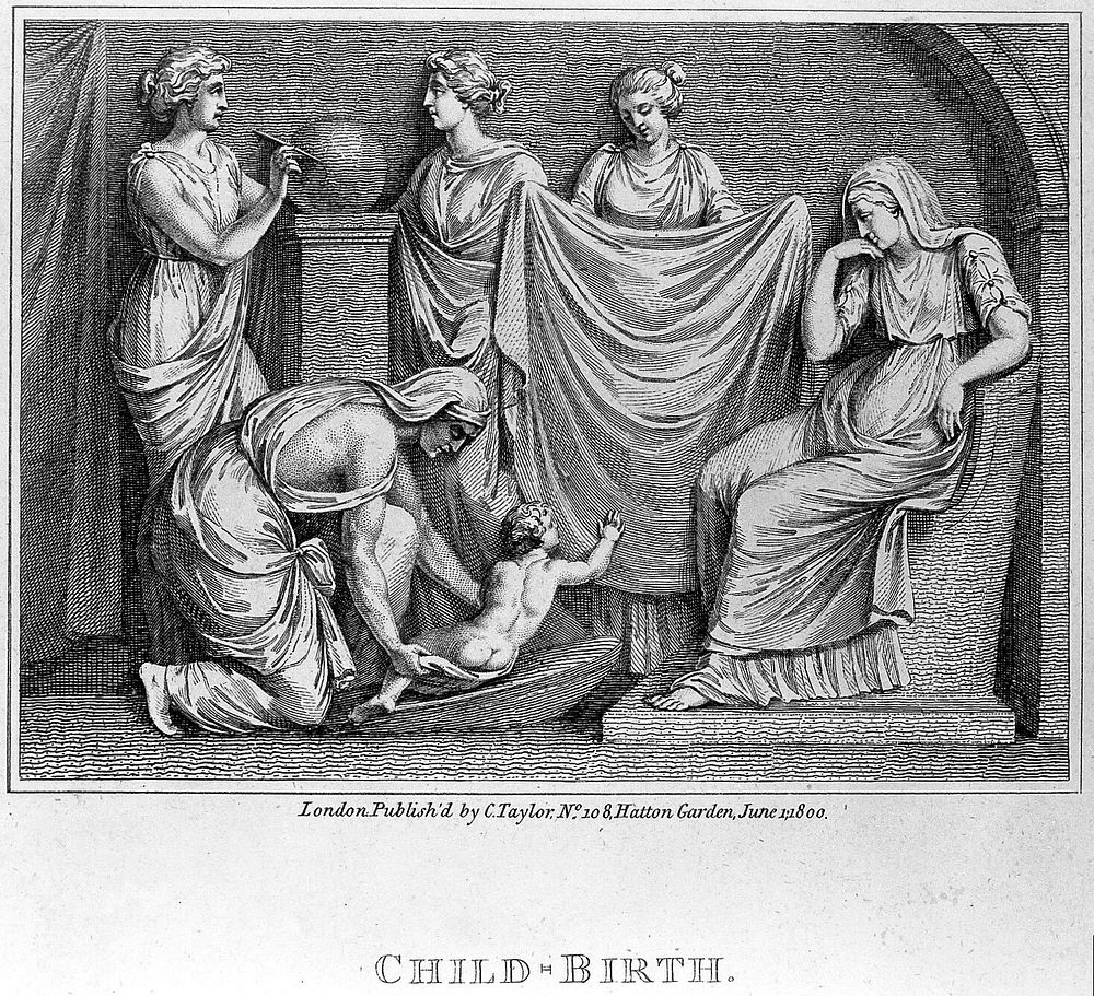 A new-born child being given its first bath. Engraving, 1800.