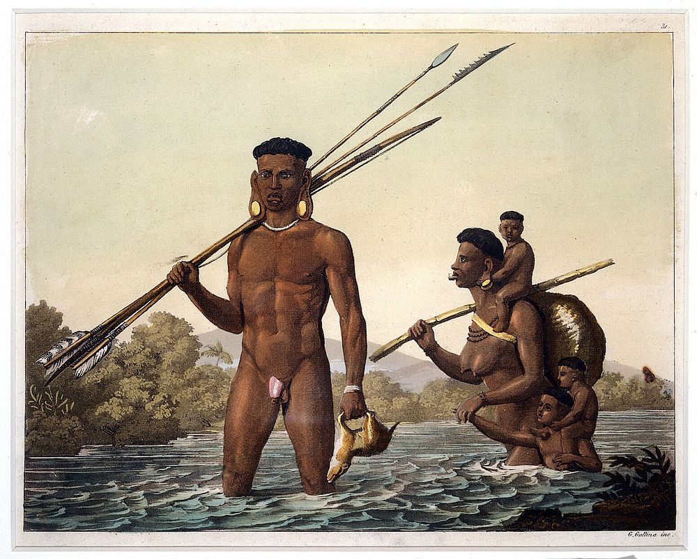 Botocudo people of the Rio-Grande de Belmonte, Brazil. Coloured aquatint by G. Gallina, ca. 1821, after M. Wied-Neuwied.