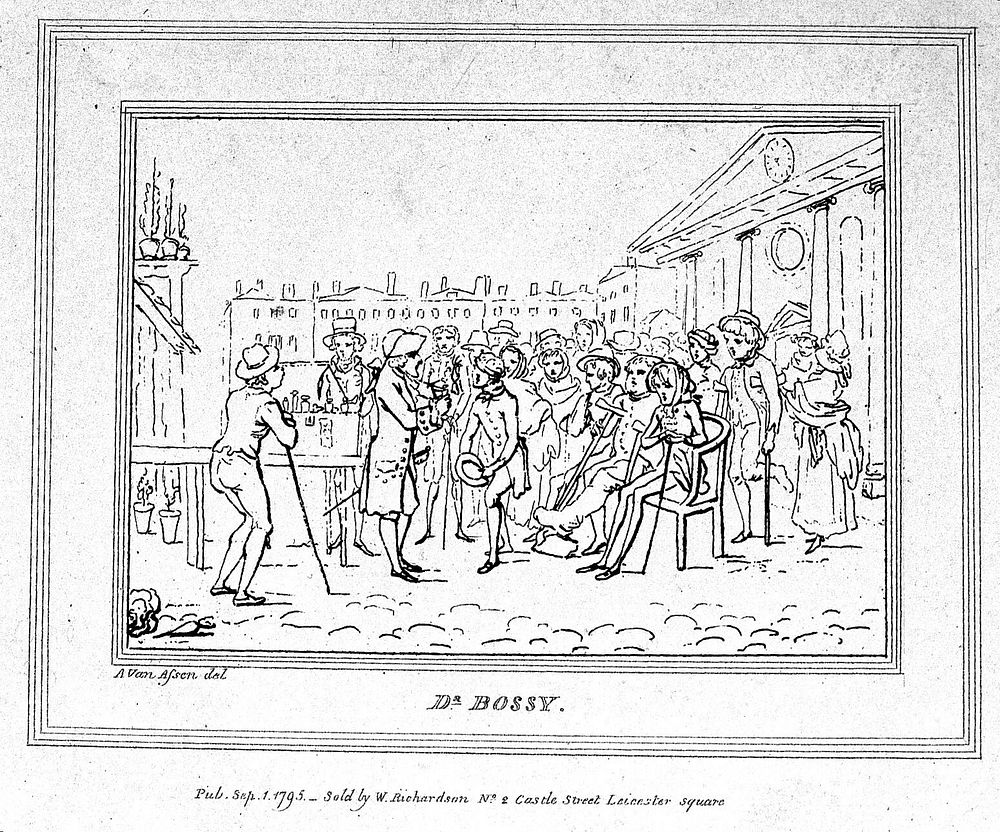 Doctor Bossy, an infamous medicine vendor, selling his wares to a crowd of sick and lame people at Covent Garden, London.…