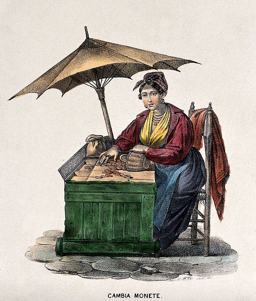 A woman is sitting at a box counter in the street with money from a basket spilling out on the top. Coloured lithograph.