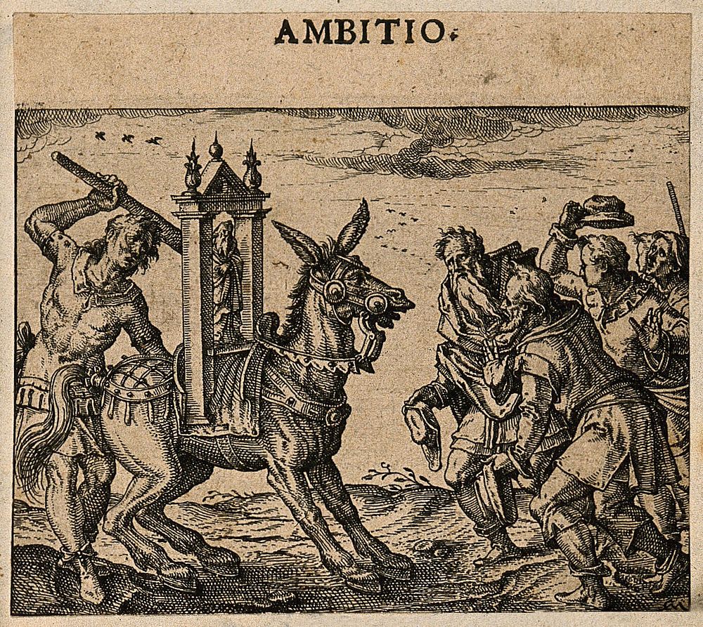 Men worship an ass bearing a religious image; alluding to both Aesop's fable of the ass and idol worship in Arianism and…