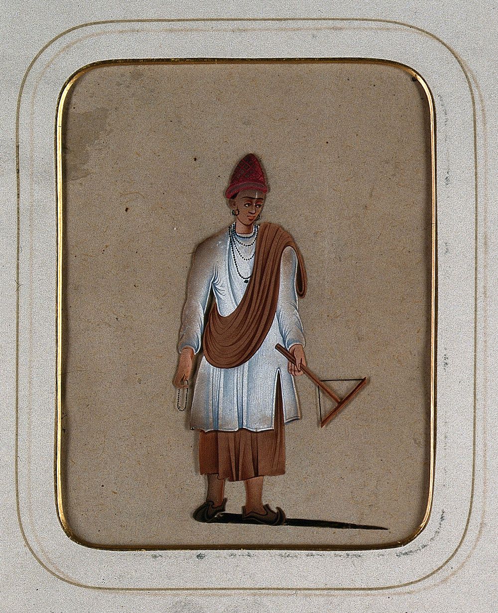 A young man holding rosary beads in one hand and a tool of his trade in the other. Gouache painting on mica by an Indian…