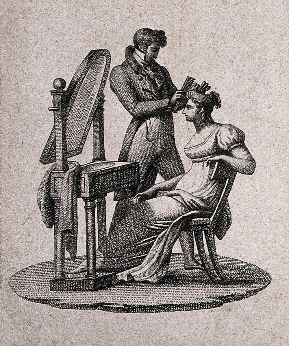 A woman sitting at her dressing table having her hair combed by a male hair-dresser. Stipple engraving.