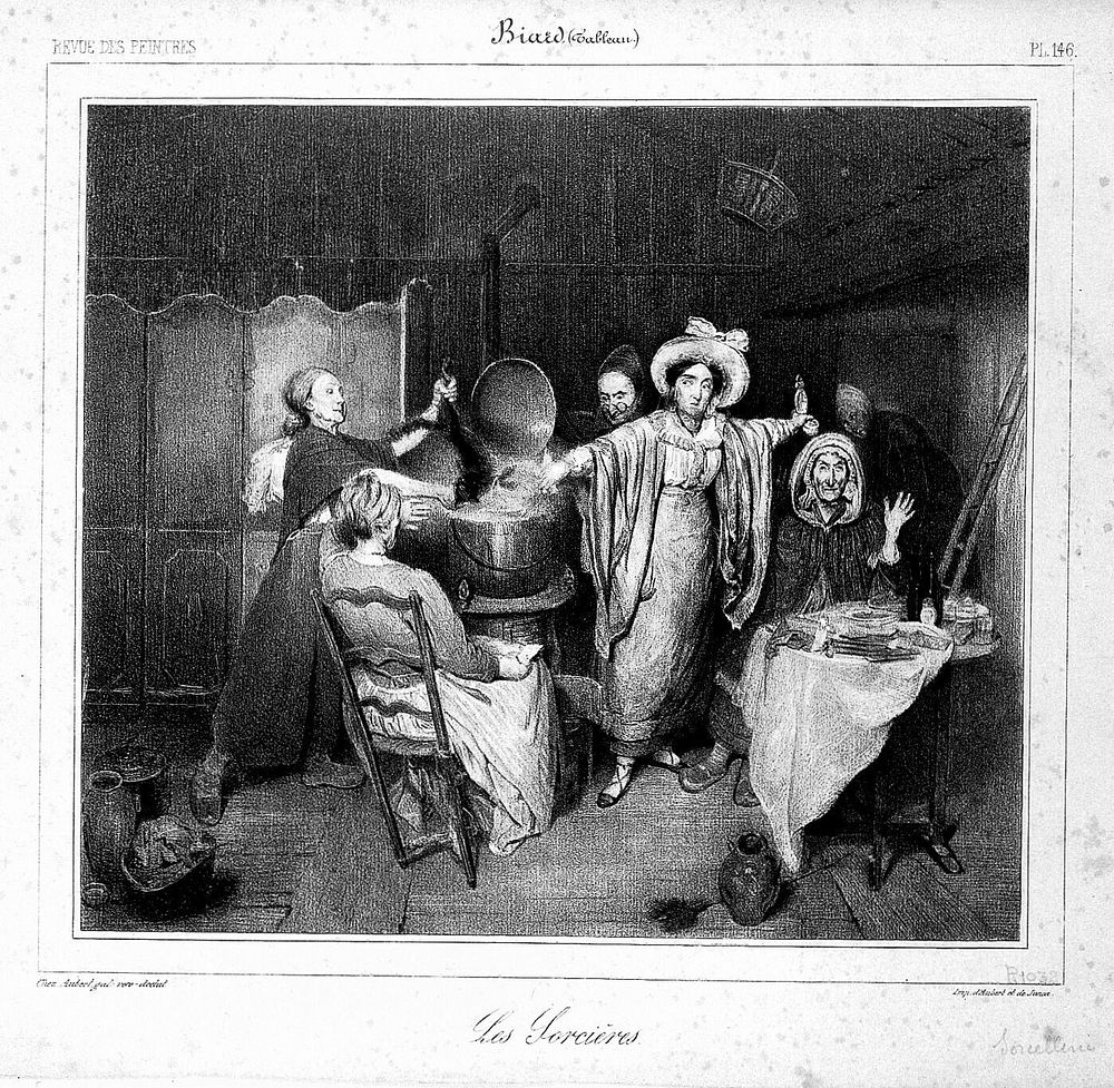 Witches putting a creature in a boiling cauldron. Lithograph after Biard.