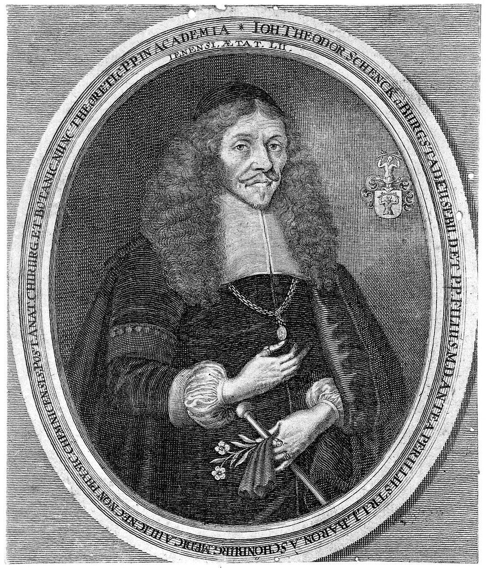 Johann Theodor Schenck, aged 52, holding a cane and a rose in his left hand. Line engraving by P. Kilian, 1671.