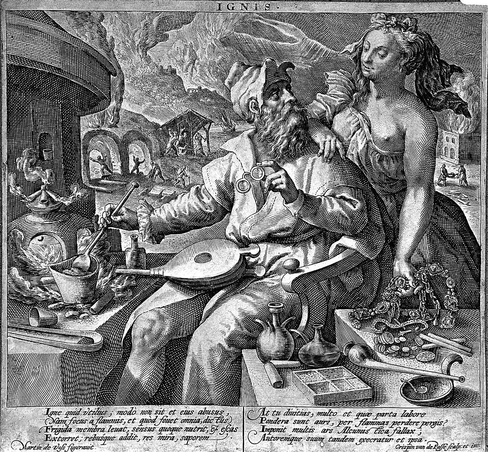 A young woman, perhaps Prudentia, warns an alchemist of the dangers of abusing fire: in the background fires rage in…