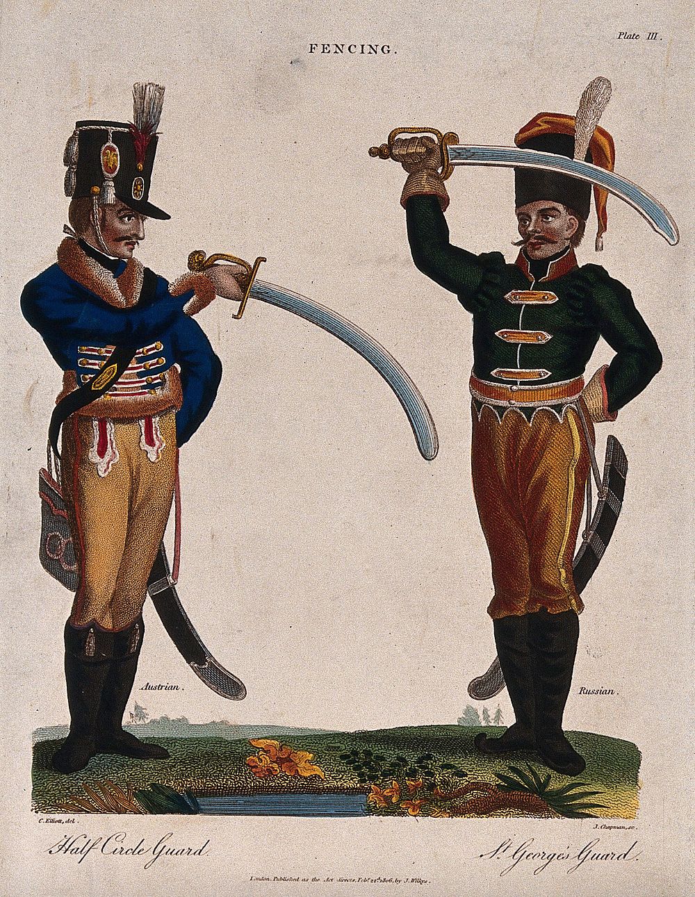 An Austrian soldier facing a Russian soldier with their swords raised in their hands. Coloured engraving by J. Chapman after…