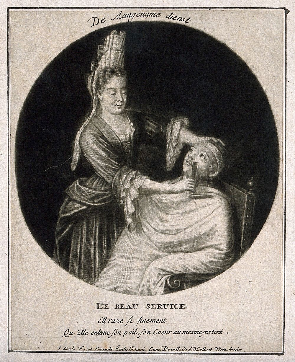 A female barber shaving a man. Mezzotint by J. Gole.
