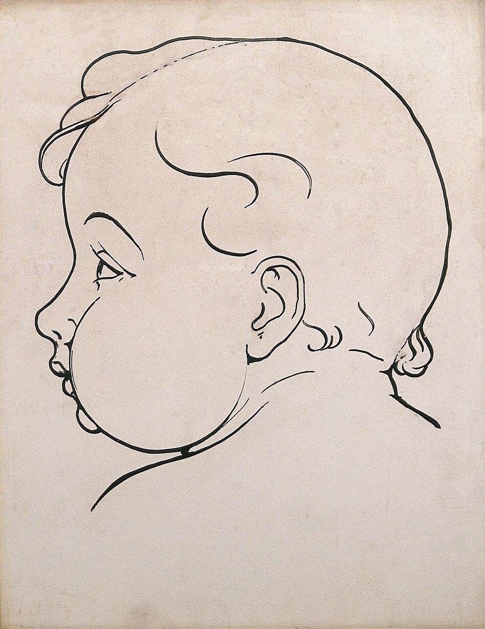 Child's head, with fat cheeks: profile. Drawing, c. 1900.