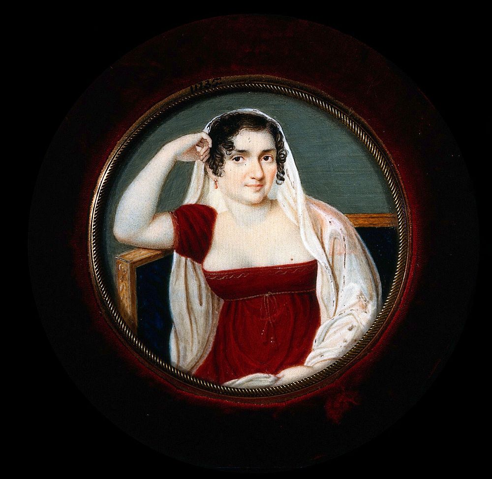 The "wife of a Venetian physician", wearing a red dress, seated. Gouache painting, ca. 1800.