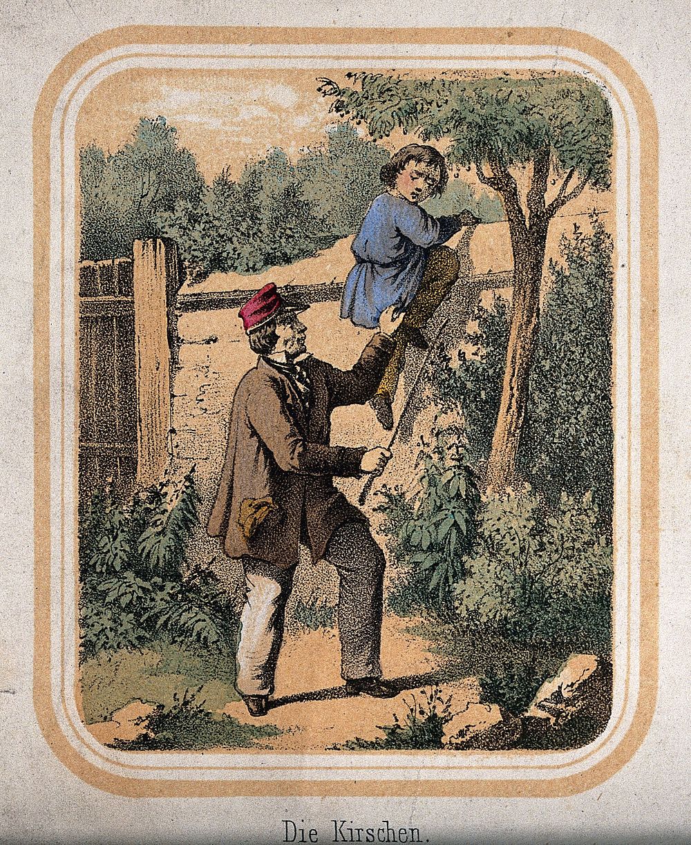 A boy is climbing over the wall to escape from the man with a stick. Coloured lithograph.