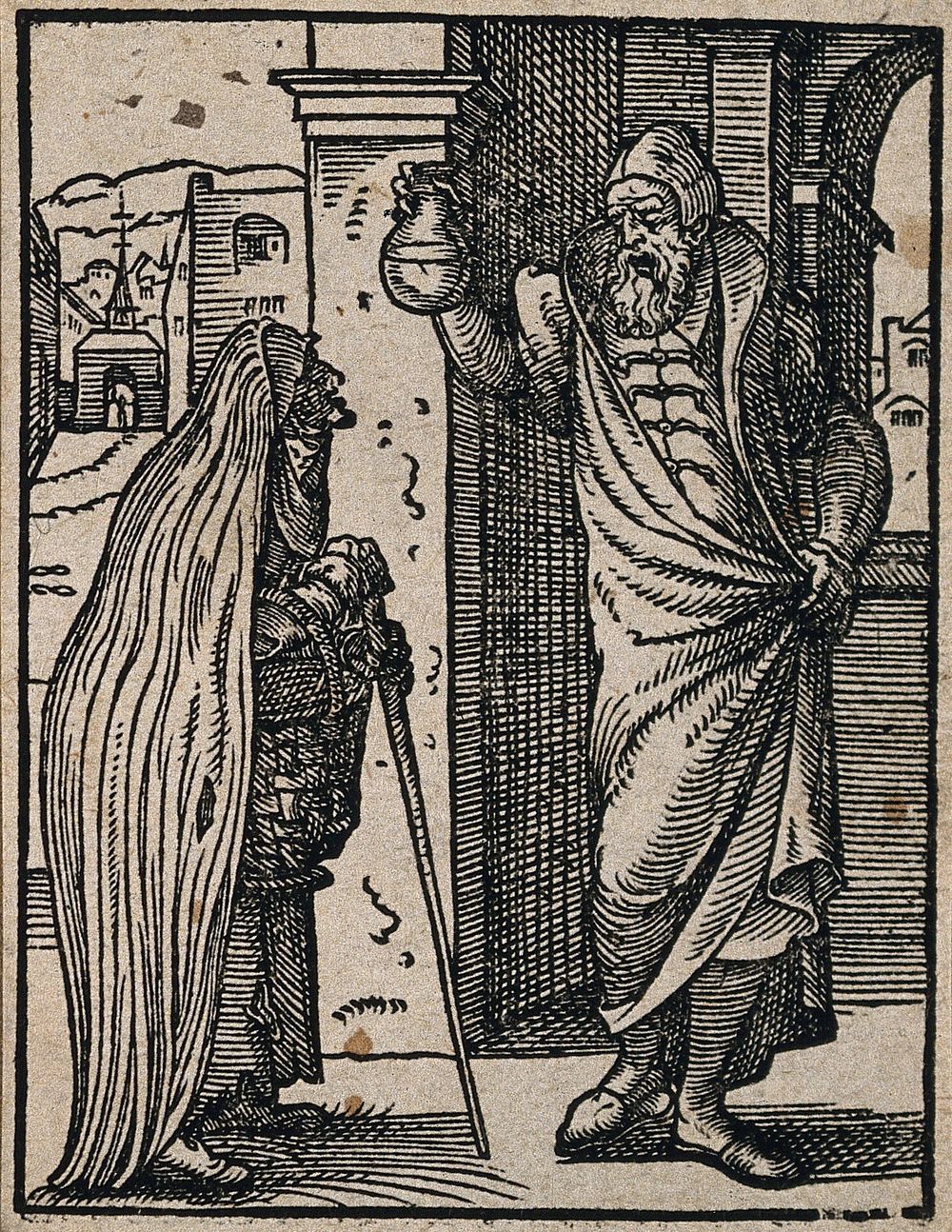 A physician examining a urine specimen, brought to him by an elderly woman. Woodcut by J. Amman, 1568.