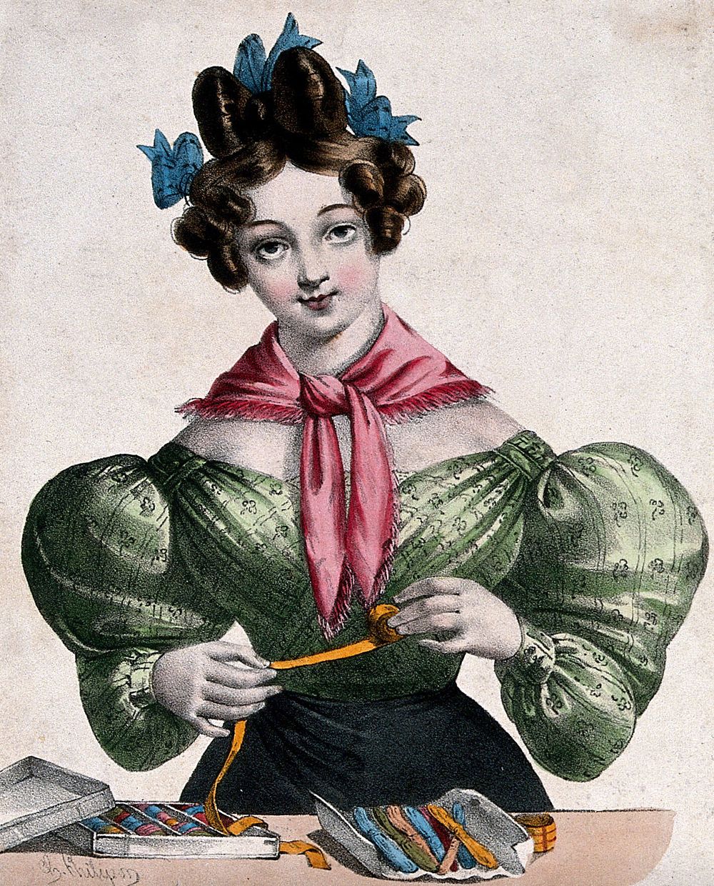 A woman is unreeling ribbon to wind it on to cards. Coloured lithograph by Charles Philipon.