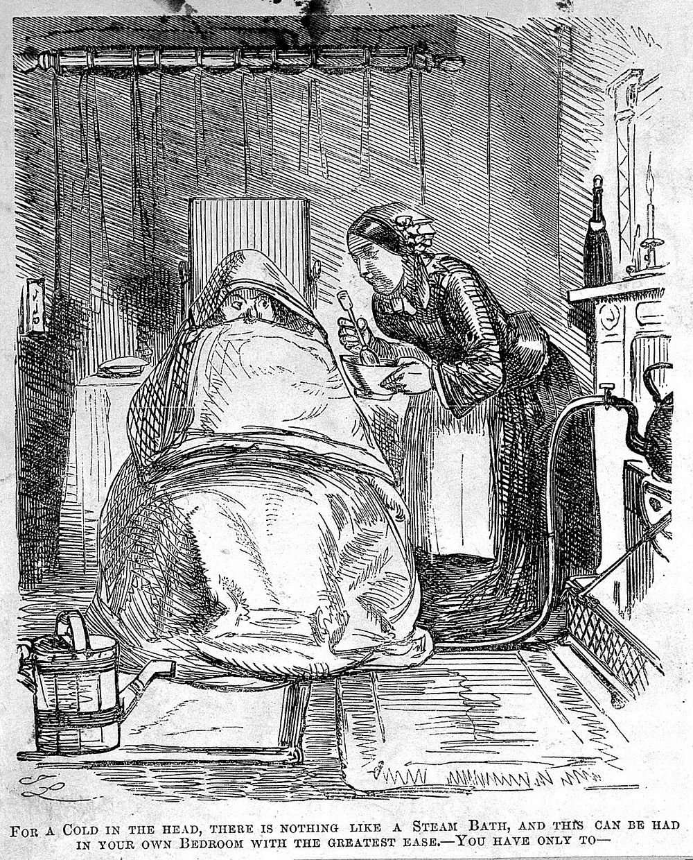 A man ill with a cold, wrapped in blankets as his servant attempts to give him a steam bath. Wood engraving.