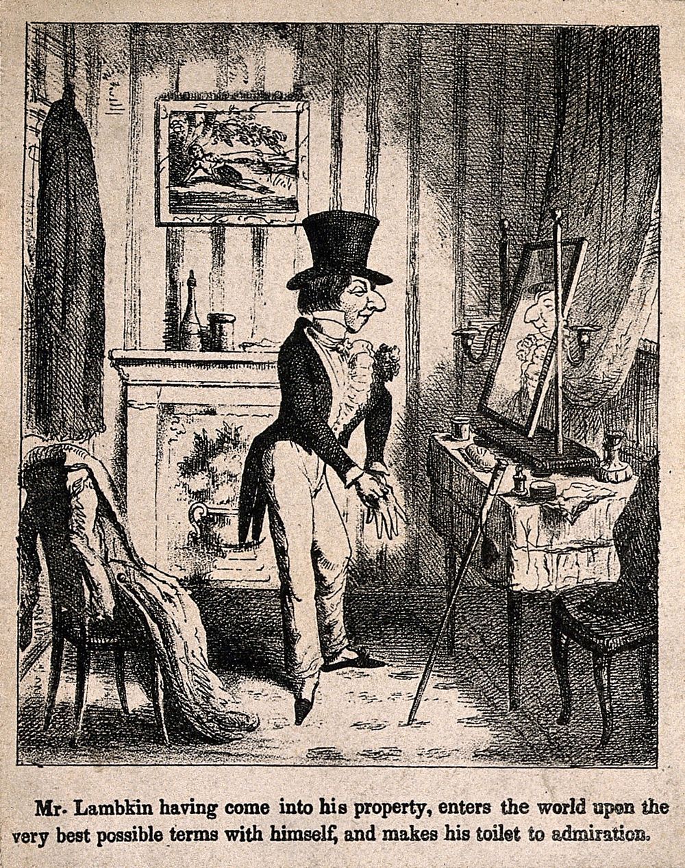 Mr. Lambkin dressing up in front of a mirror. Lithograph by G. Cruikshank.
