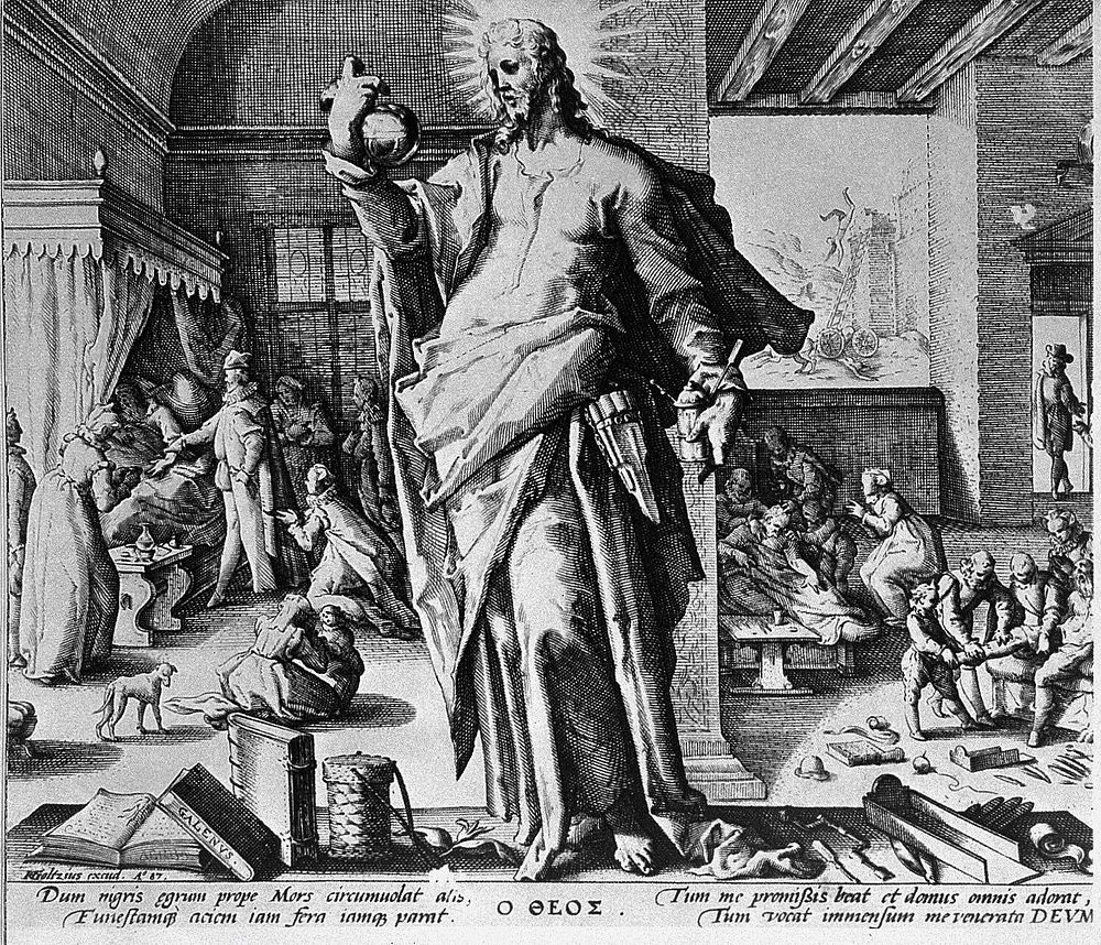 The physician as Christ. Line engraving after H. Goltzius.