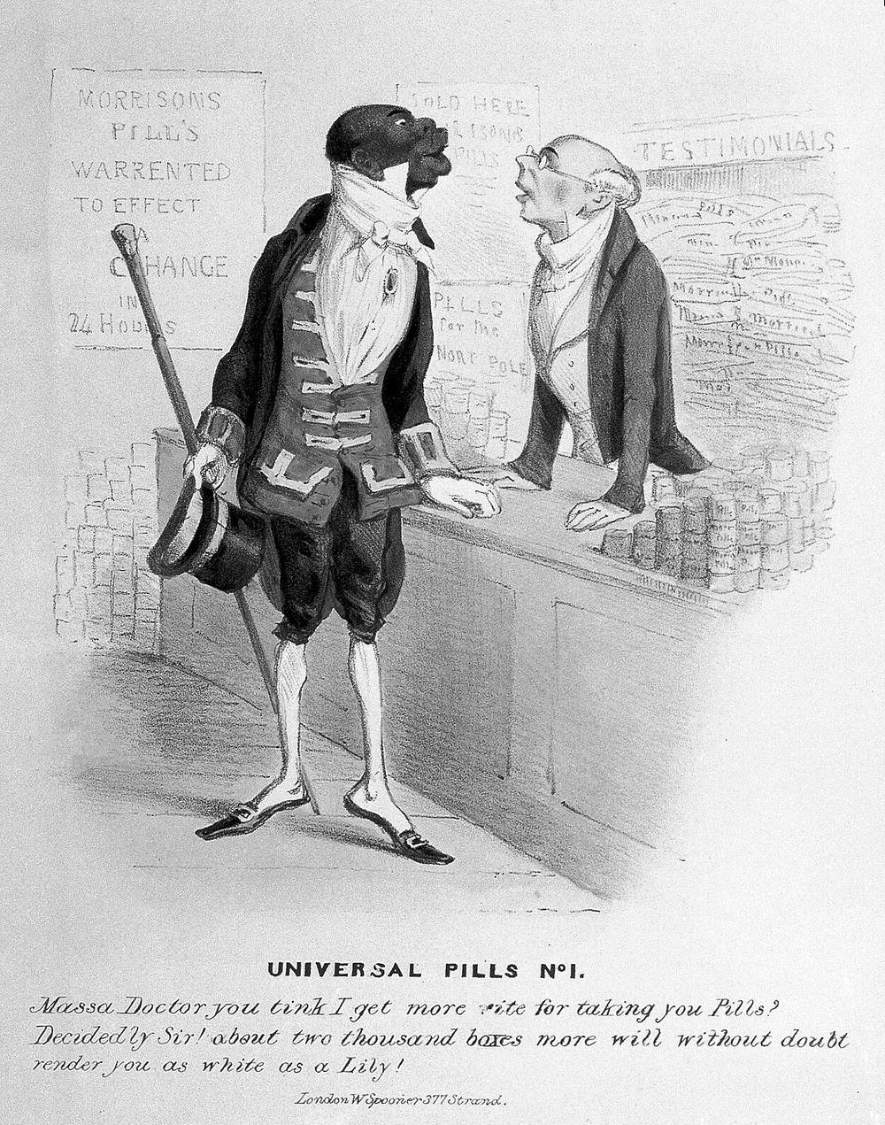 A black man buying some of J. Morison's pills, hoping they will make him white. Coloured lithograph.