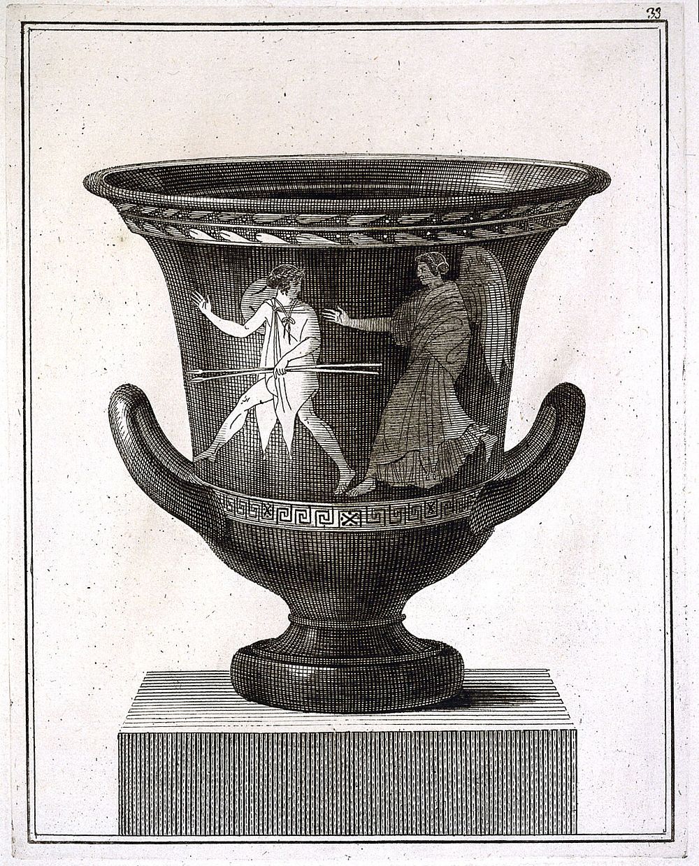 A round wine-mixing bowl (calyx krater) painted with the hunter Cephalos being pursued by Eos (Dawn). Engraving, 17--.