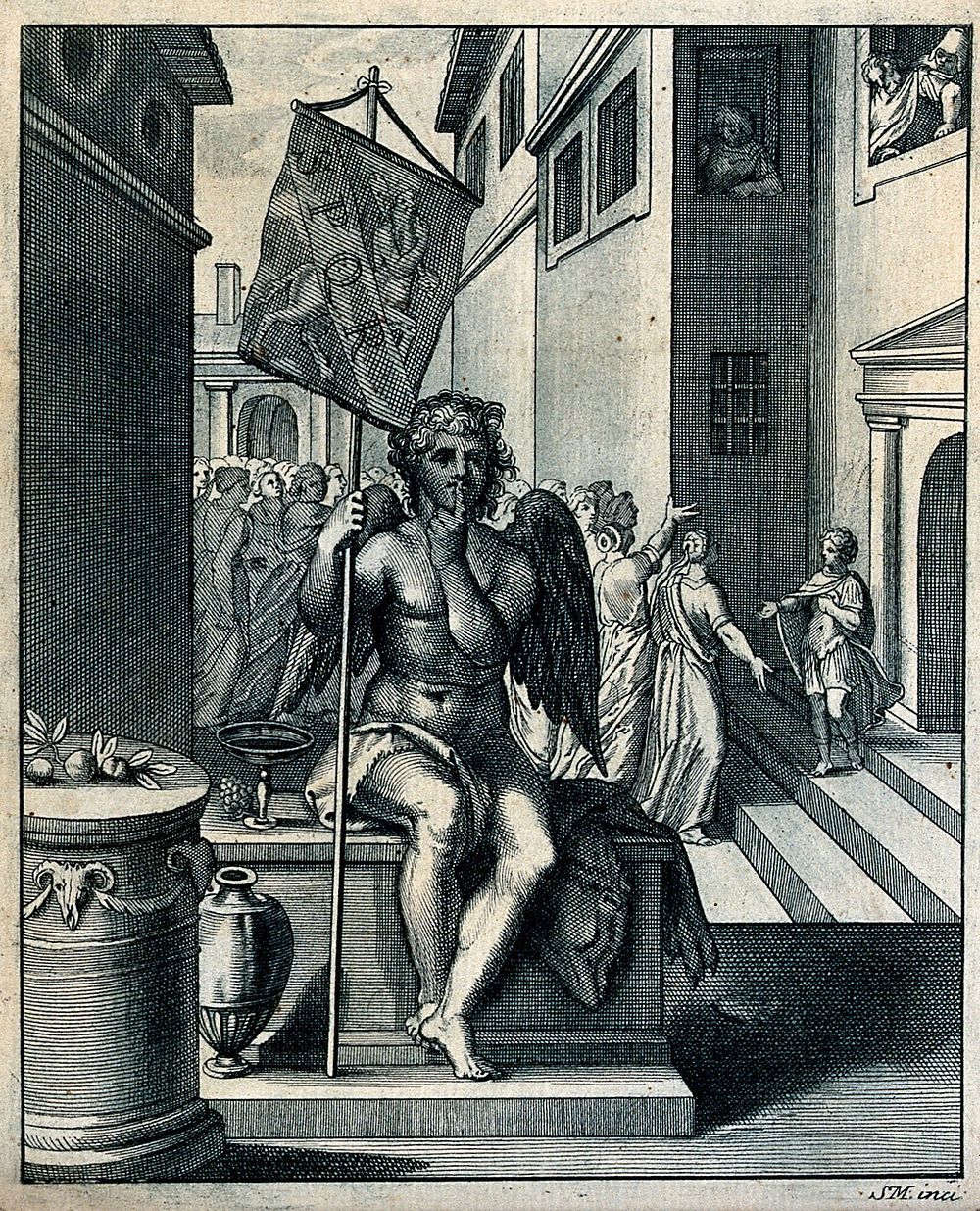 Harpocrates, god of silence, holding a Roman standard and holding his finger to his lips; behind him the child Papirius…