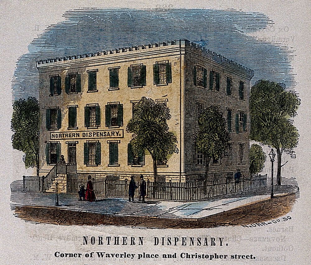 Northern Dispensary, New York City. Coloured wood engraving by N. Orr & Co.