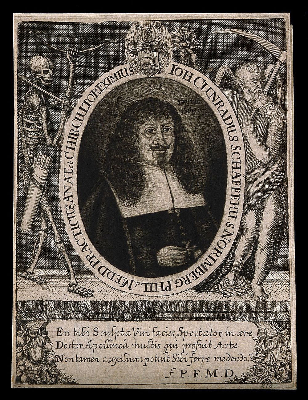 Johann Konrad Schaeffer holding a flower. Mezzotint, [1669].