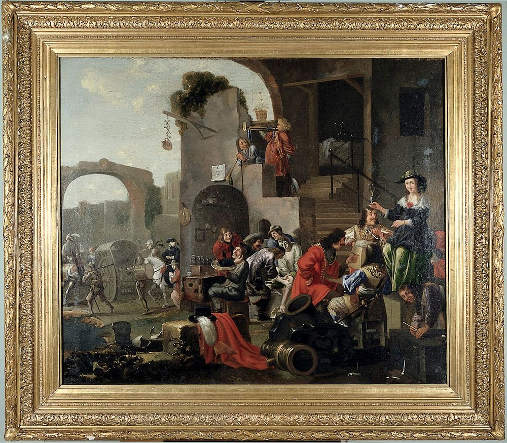 A barber and a surgeon attending to soldiers. Oil painting by a follower of Hieronymus Janssens.