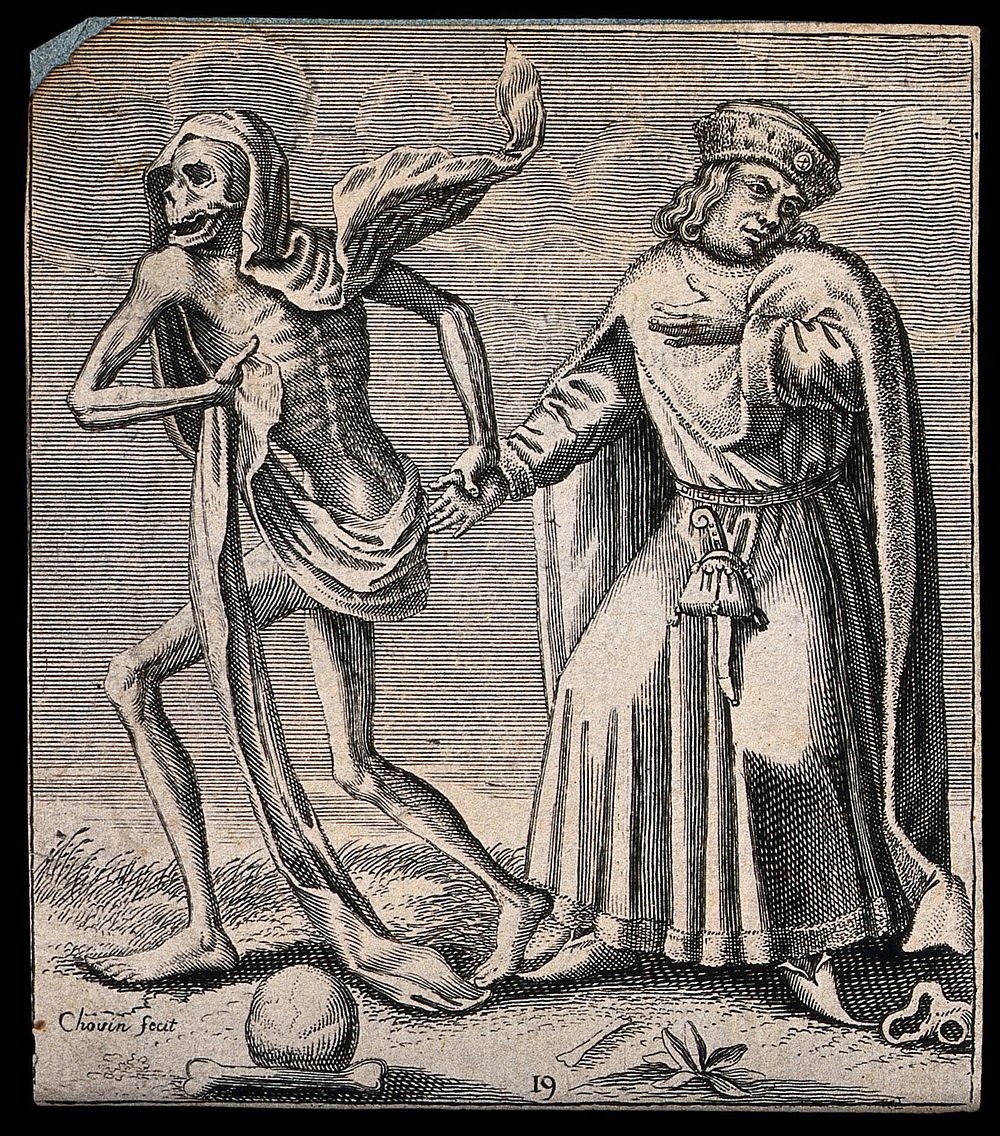 The dance of death: death and the merchant or the usurer . Etching attributed to J.-A. Chovin after the Basel dance of death.