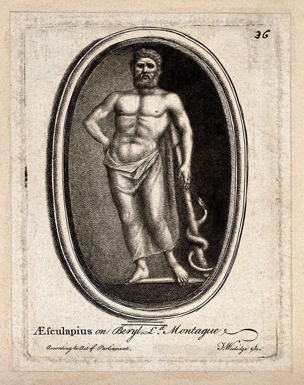 Aesculapius. Etching by T. Worlidge.