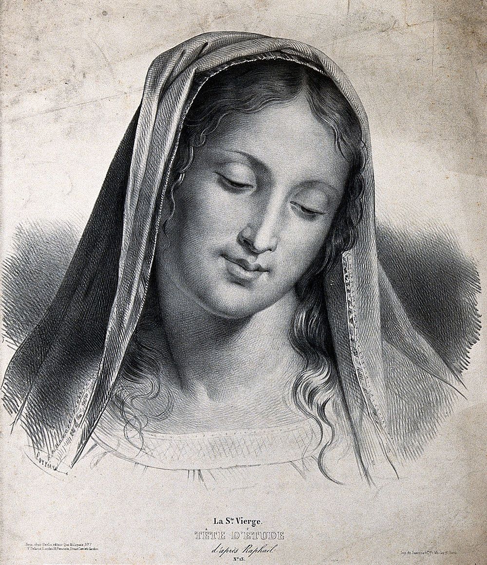 Saint Mary (the Blessed Virgin). Lithograph by Carrière  after Raphael.