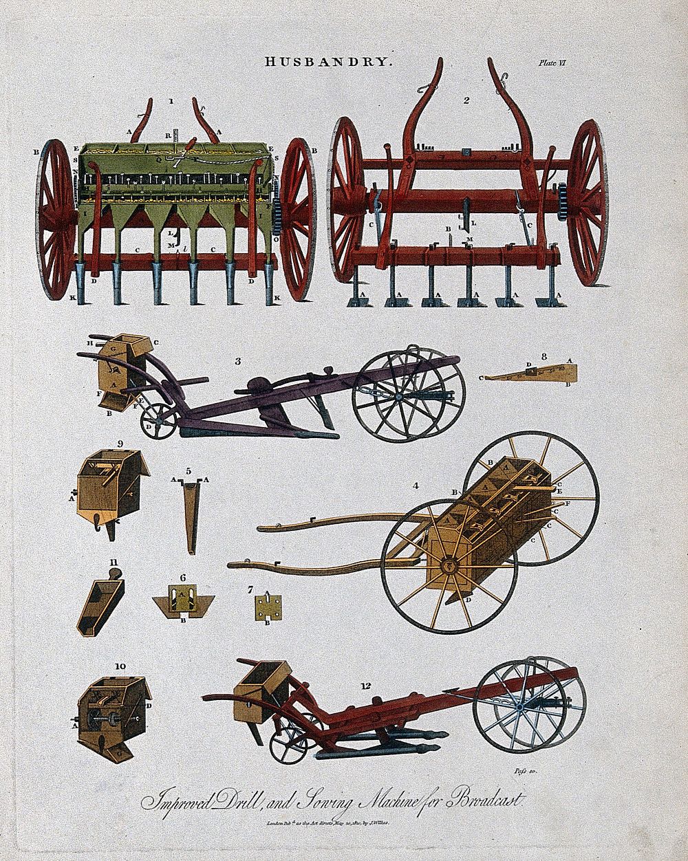 Agriculture: a plough and other implements. Coloured engraving by J. Pass, 1810.