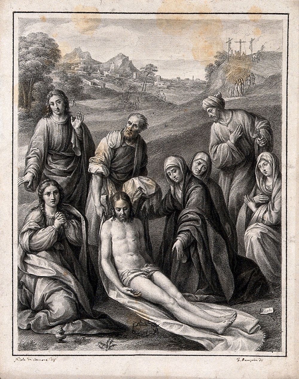 The deposition of Christ from the cross. Drawing by F. Rosaspina, c. 1830, after Niccolò da Cremona, 1518.
