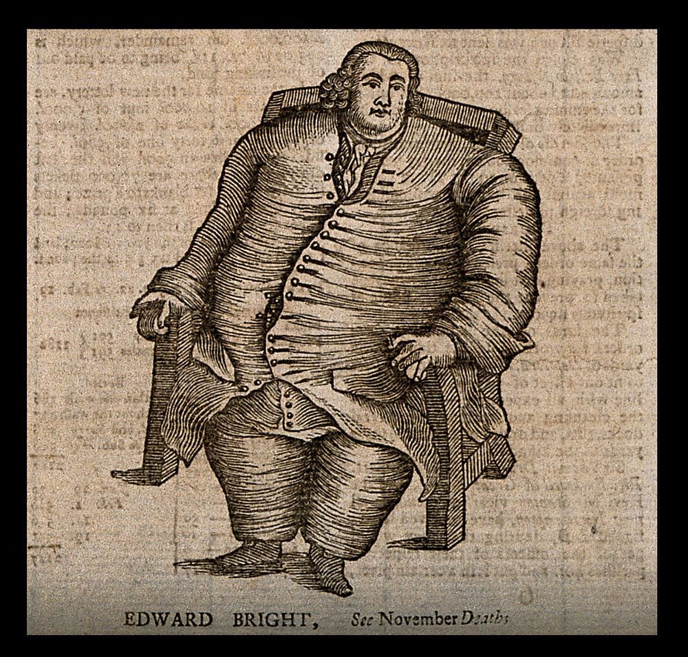 Edward Bright, a man weighing forty three and a half stone. Wood engraving.