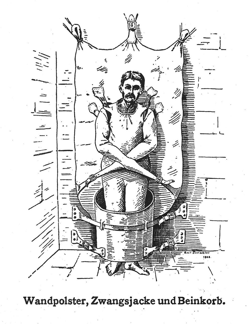 A mentally ill patient in a strait-jacket attached to the wall and a strange barrel shaped contraption around his legs.…