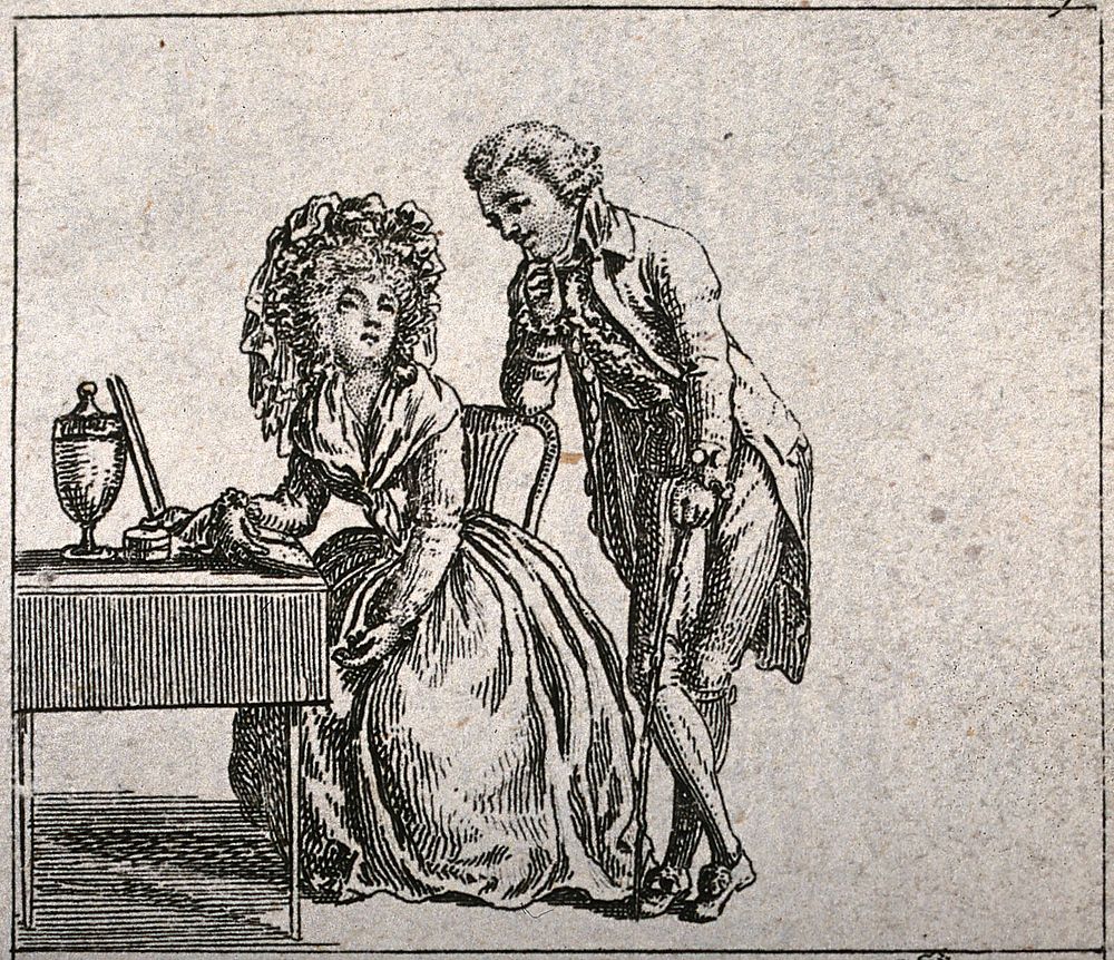A woman sits at a table with a man leaning on the back of her chair. Etching, 17--.