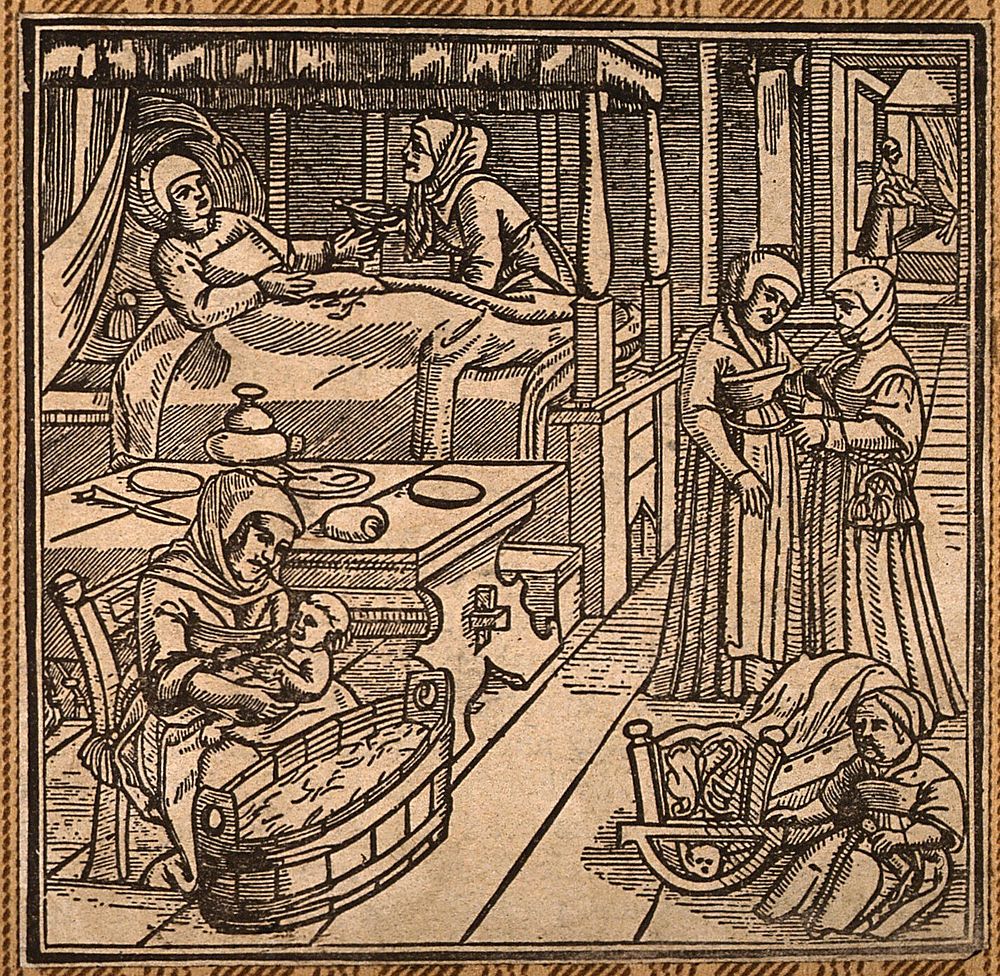 A woman in bed recovering from childbirth, a midwife washes the baby while another attendant looks after the mother. Woodcut.