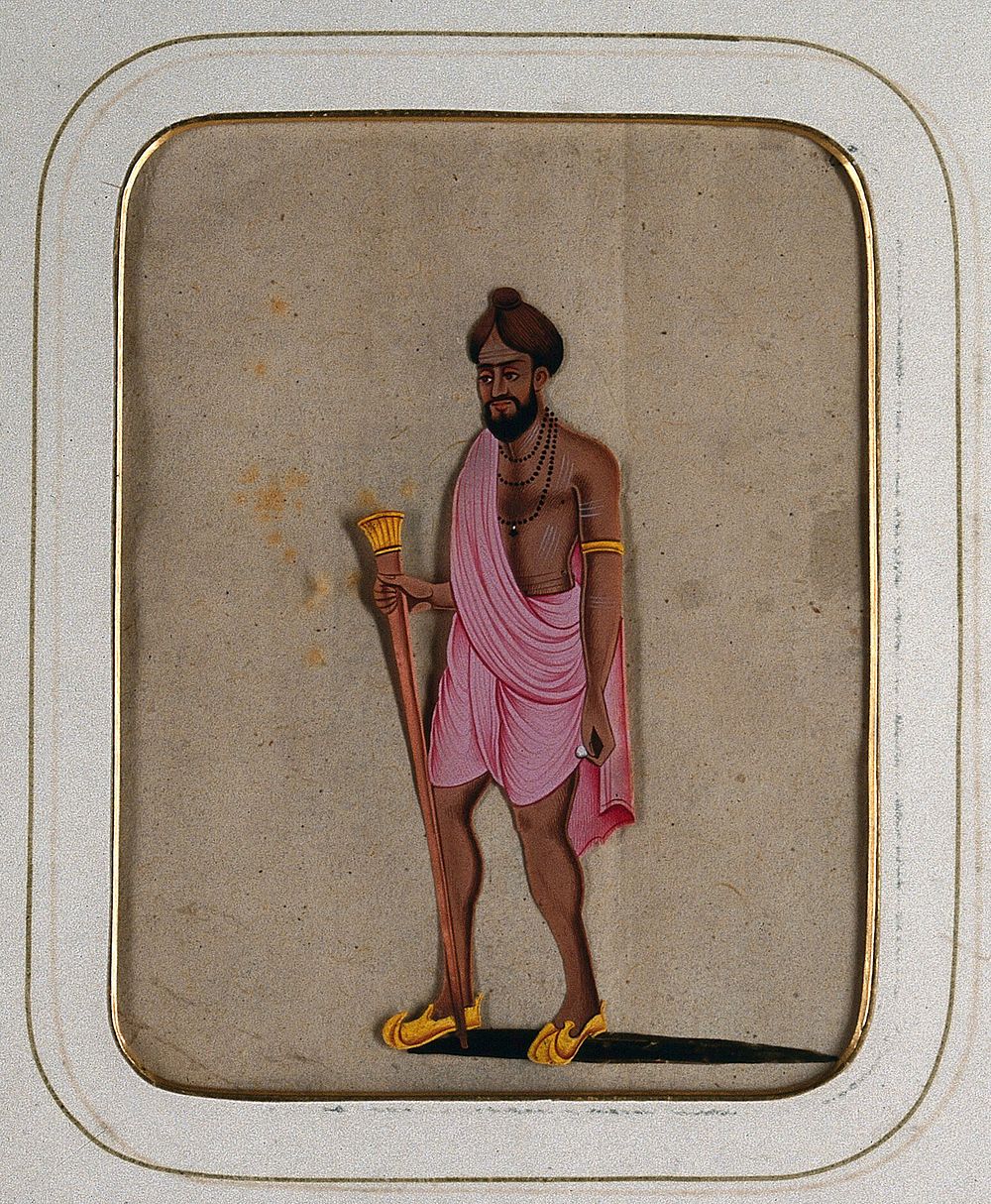 A sanyasi with a pink cloth draped around him carrying a staff. Gouache painting on mica by an Indian artist.