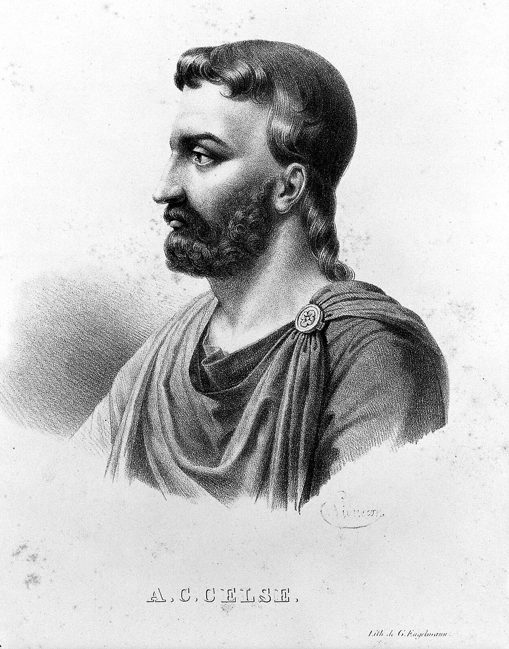 Aurelius Cornelius Celsus. Lithograph by P. R. Vigneron.