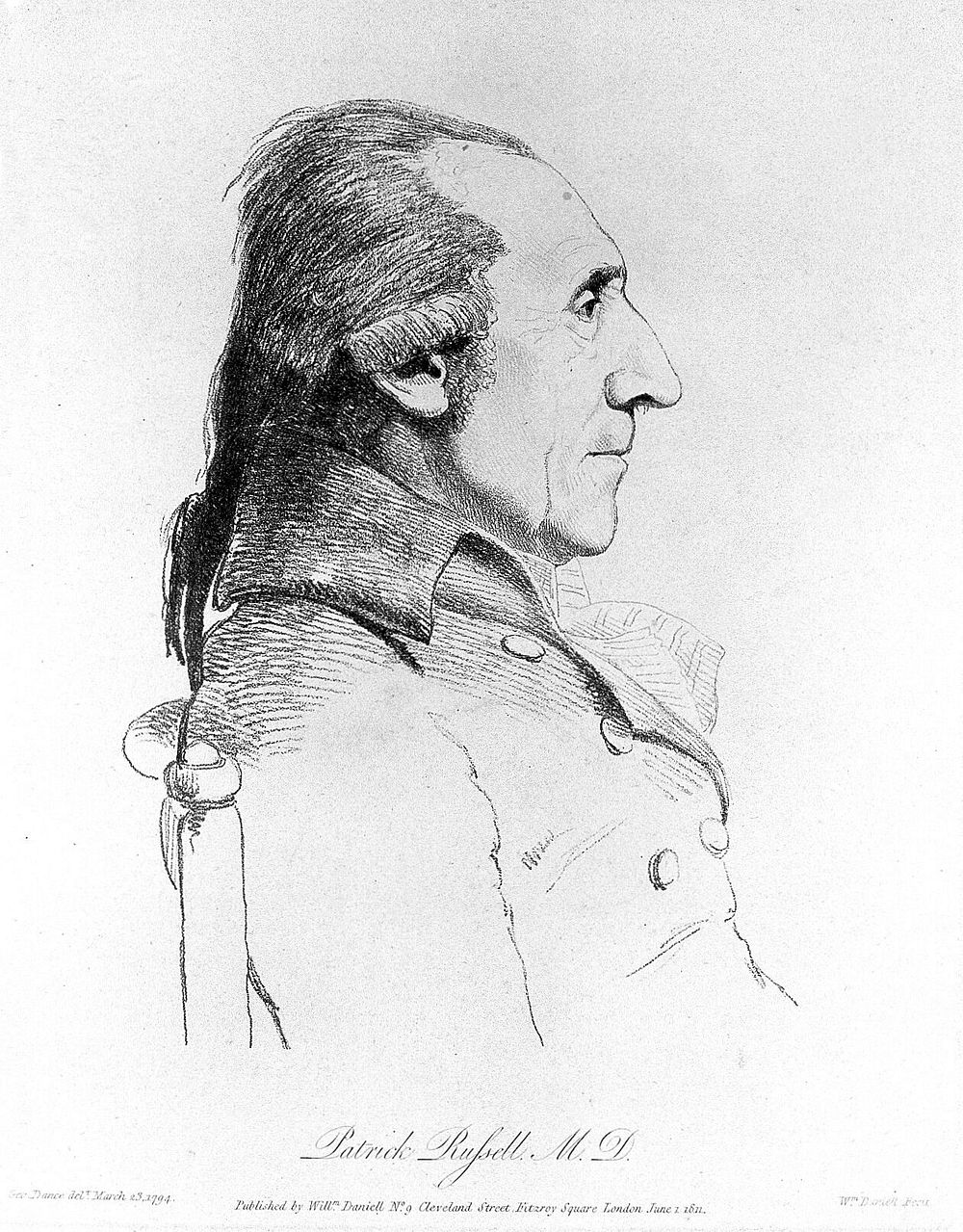 Patrick Russell. Soft-ground etching by W. Daniell, 1811, after G. Dance, 1794.