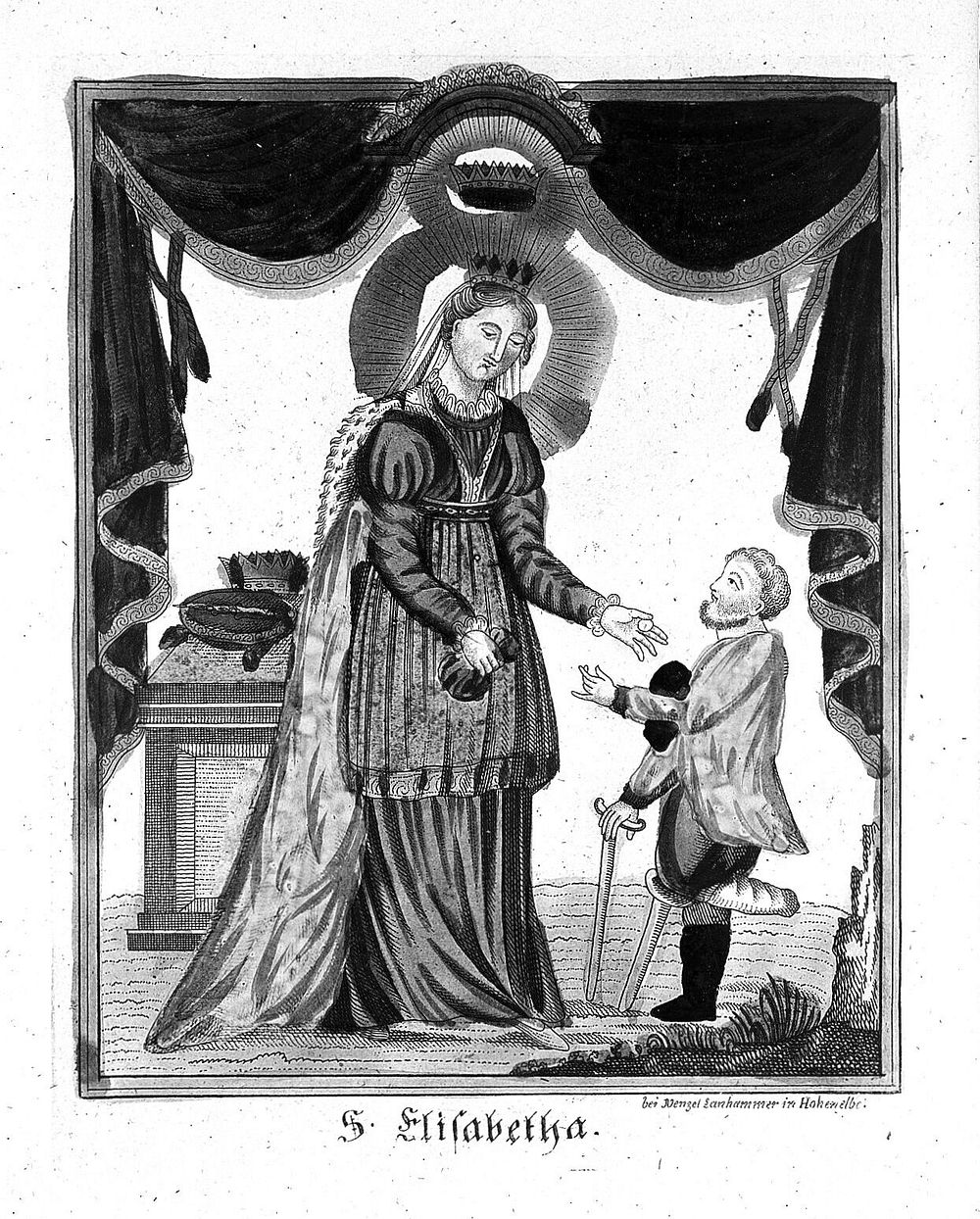 Saint Elizabeth of Hungary. Coloured engraving.