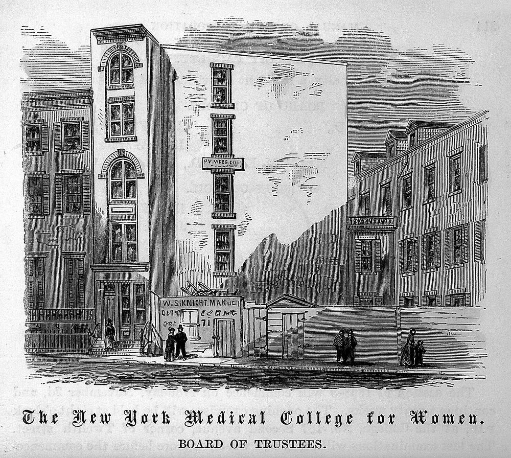 New York Infirmary and Women's Medical College, New York City. Coloured wood engraving, 1868.