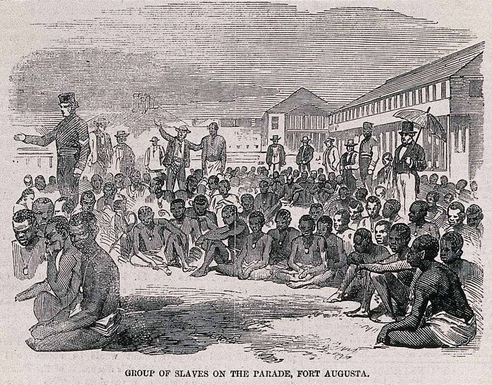 Slaves rescued from a slave ship by the Royal Navy, brought to Fort Augusta, Kingston, Jamaica . Wood engraving, 1857.